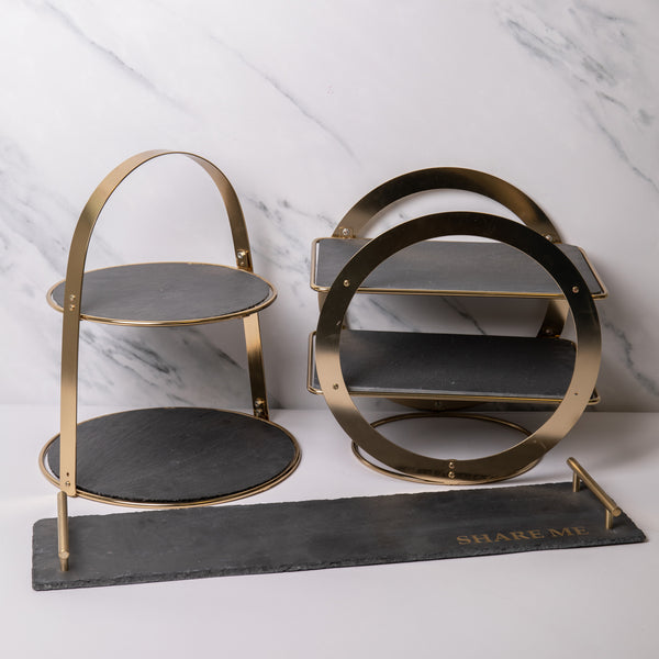 3pc Slate Serveware Set with 2-Tier Cake Stand, Geometric Serving Stand and Long Serving Platter image 2