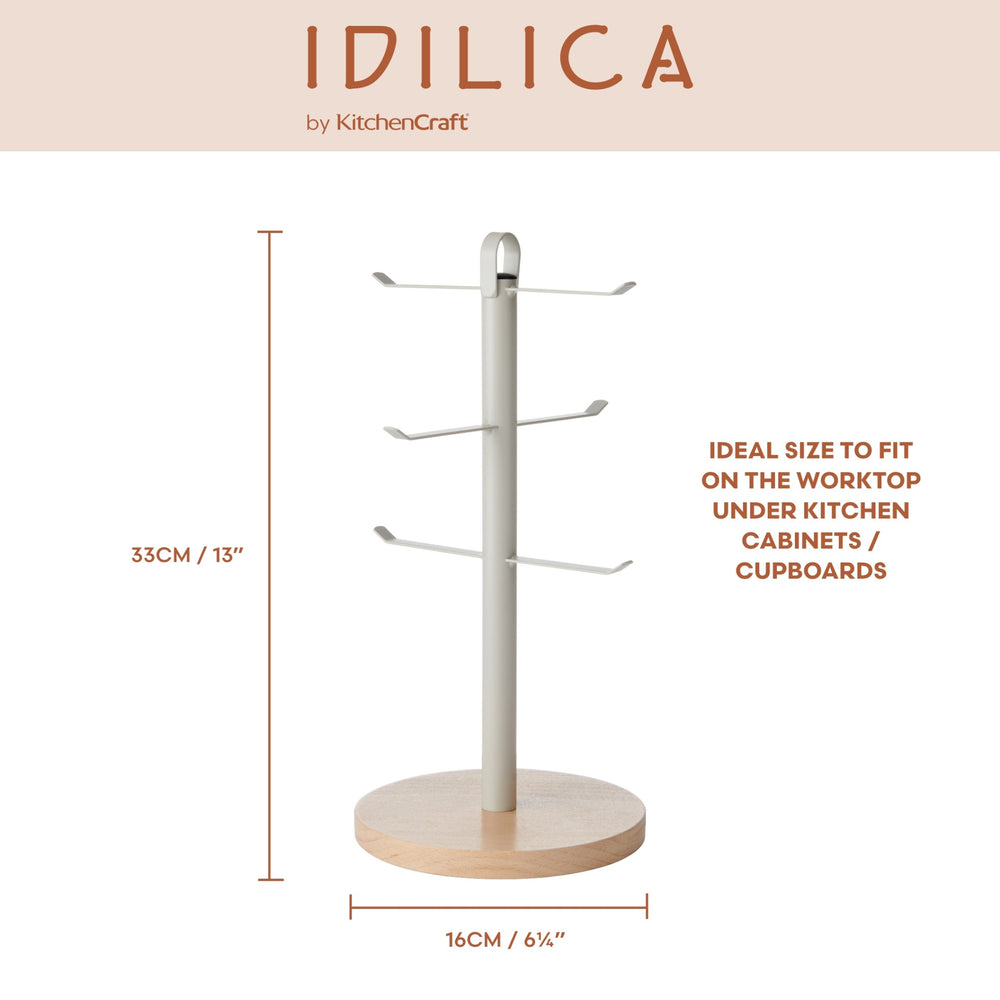 KitchenCraft Idilica Metal Mug Tree with Beechwood Base, 33cm