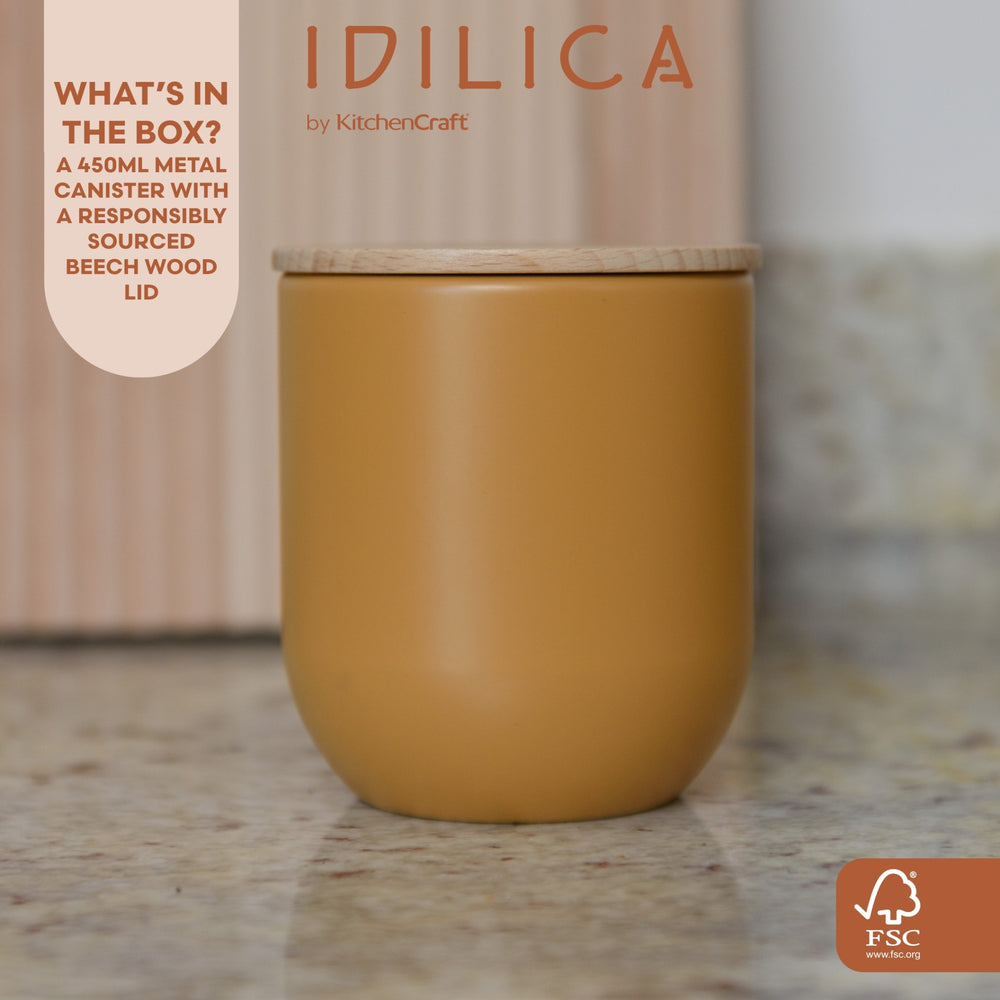 KitchenCraft Idilica Kitchen Canister with Beechwood Lid, 9 x 10cm, Yellow