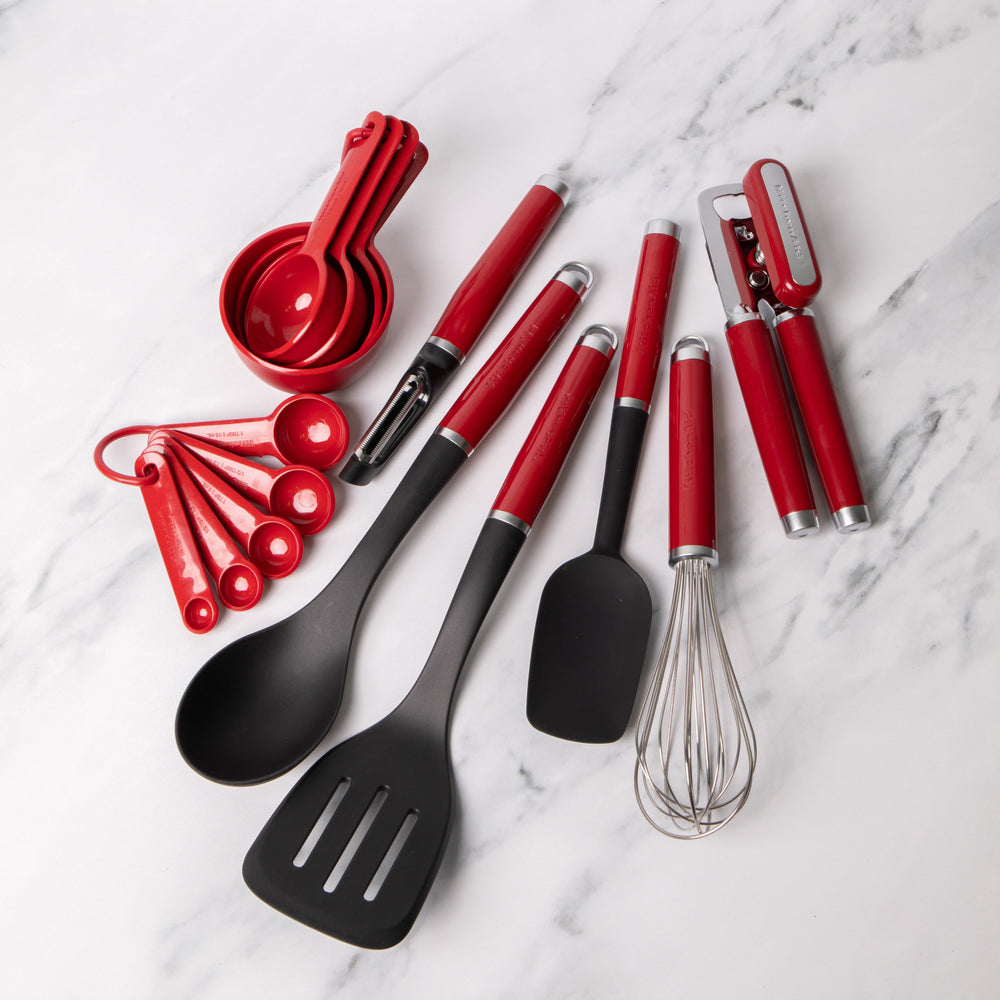 15pc Red Utensil Set with Can Opener, Peeler, Turner, Basting Spoon, Spatula, Whisk, 4x Measuring Cups & 5x Measuring Spoons