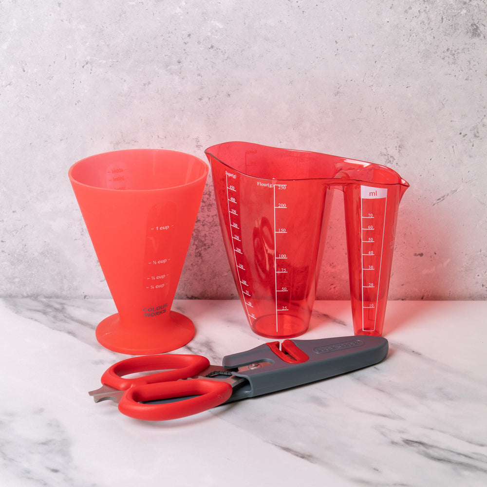 Colourworks Brights Set with Dual Measuring Jug, Scissors and Conical Measure - Red