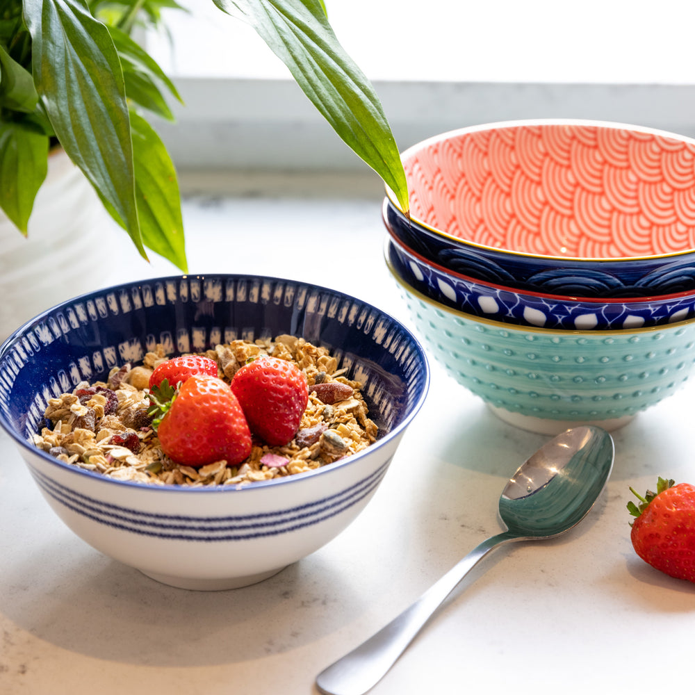 KitchenCraft Set of 4 Ceramic Cereal Bowls - 'Blues' Design