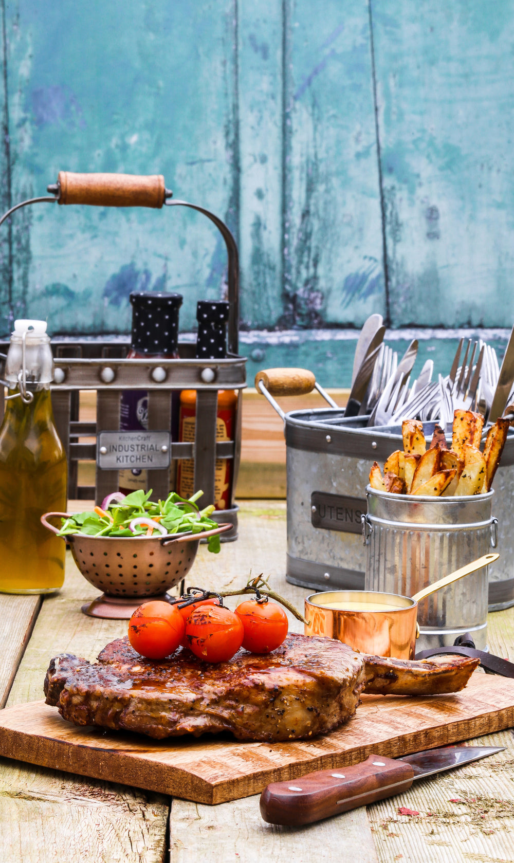 Industrial Kitchen Metal and Mango Wood Condiment Caddy
