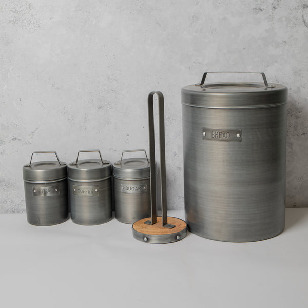 5pc Industrial Kitchen Storage Set with Coffee, Sugar and Tea Canisters, Metal Bread Bin and Metal Kitchen Roll Holder image 2