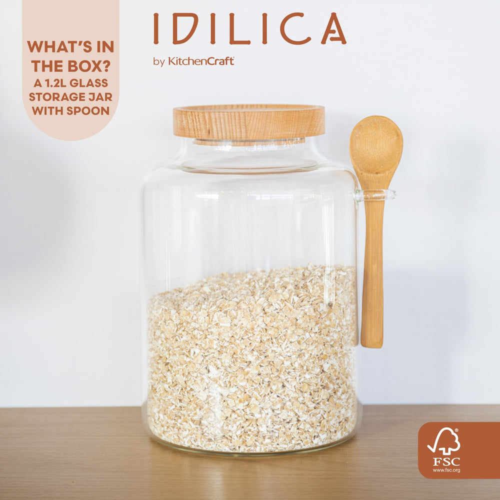 KitchenCraft Idilica Glass Storage Jar with Beechwood Lid and Bamboo Spoon, 1200ml