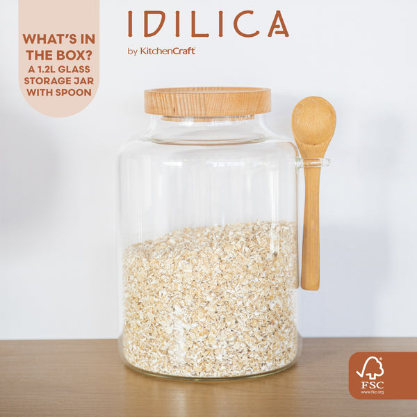 KitchenCraft Idilica Glass Storage Jar with Beechwood Lid and Bamboo Spoon, 1200ml image 9
