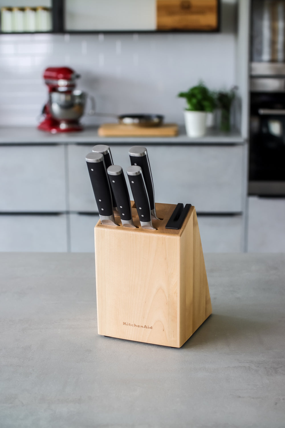 KitchenAid Gourmet 5-Piece Kitchen Knife Set with Block, Sharp High-Carbon Japanese Steel Knives and Birchwood Holder