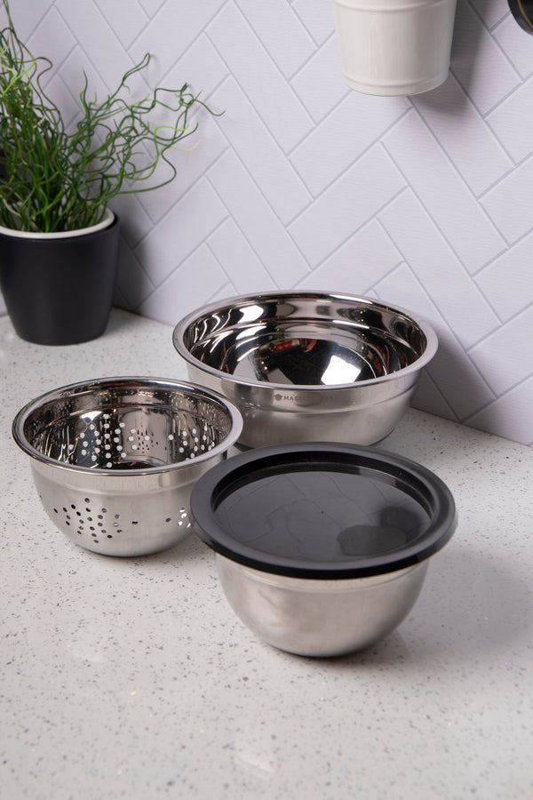 MasterClass Smart Space Stainless Steel 3-Piece Bowl Set with Colander image 6