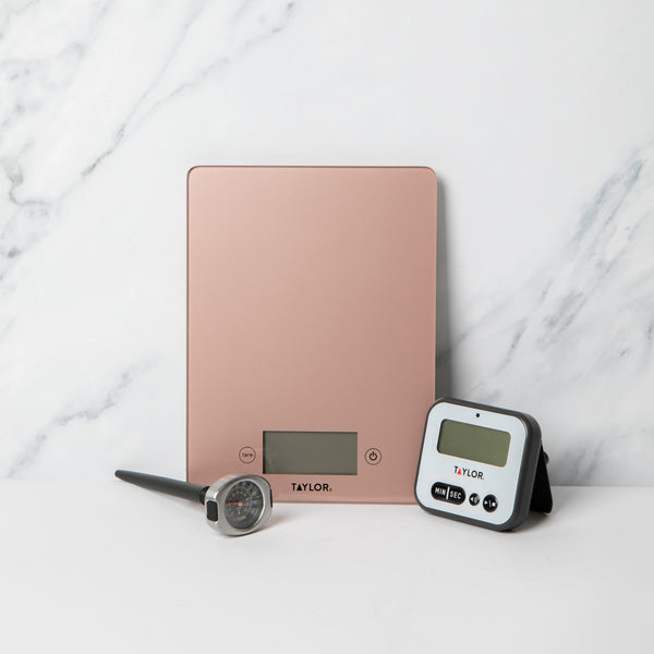 3pc Measuring Set with Rose Gold Pro Glass Digital Kitchen Scale 5kg, Pro Instant Read Probe Thermometer and Digital Timer image 2
