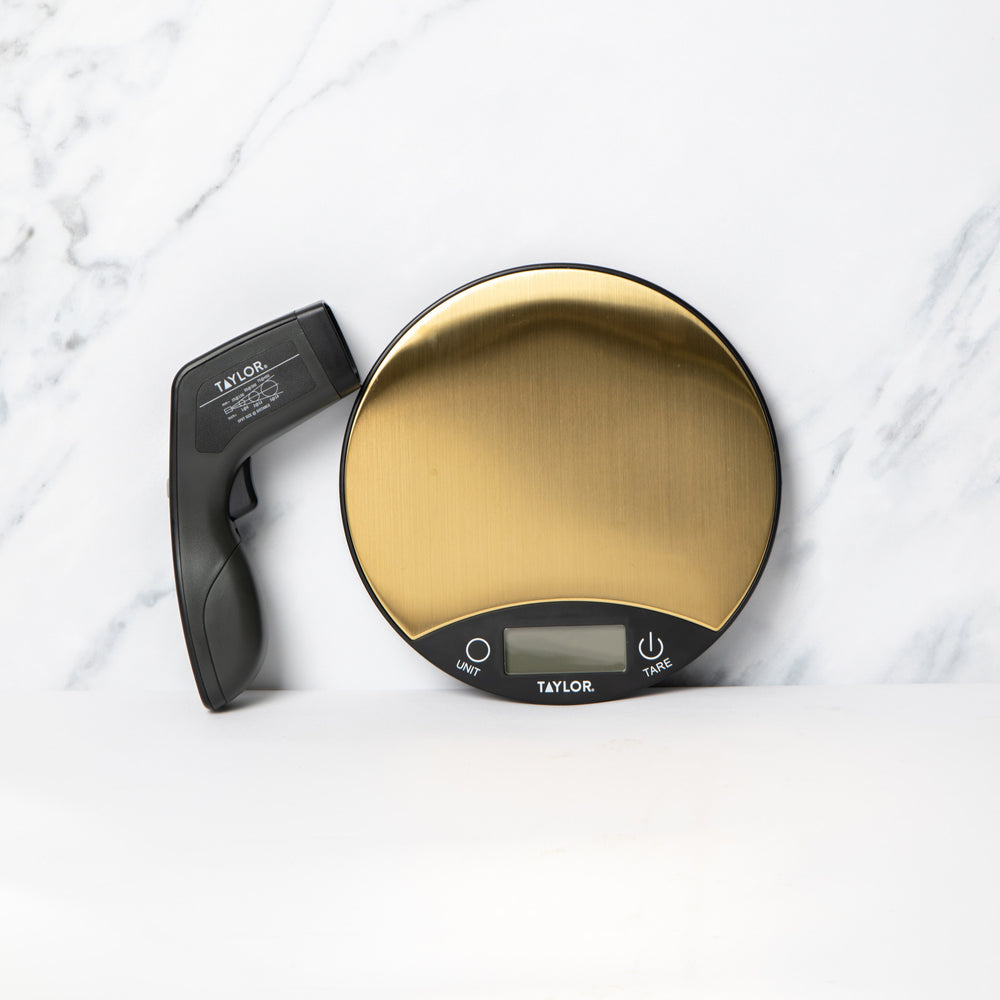 2pc Digital Kitchen Tools Set including Black & Brass Dual Kitchen Scales 5kg and Non-Contact Infrared Thermometer