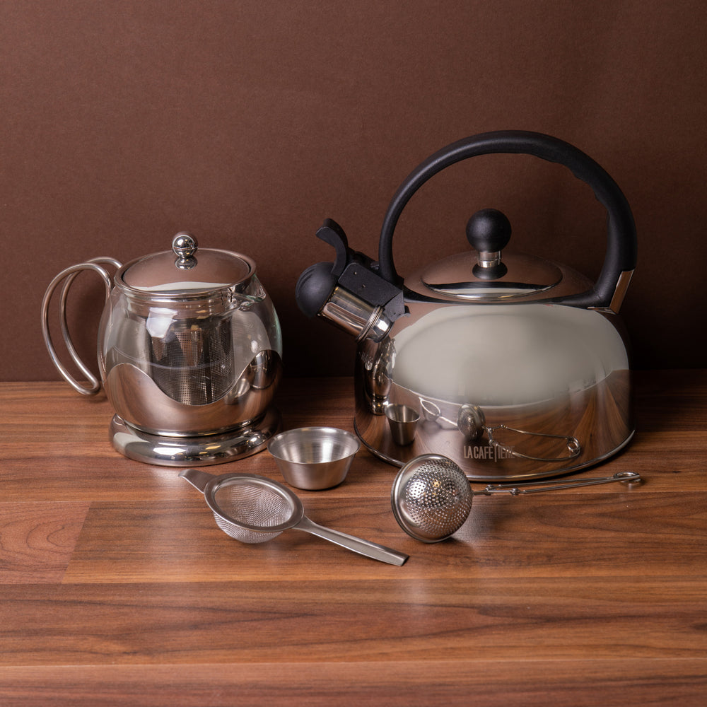 Cookspire Tea Set 4pc Tea Set with Glass Teapot 600ml, Whistling Kettle 1.3L, Tea Strain ...