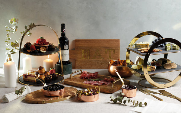 Artesá 2-Tier Brass Cake Stand with Round Slate Serving Platters image 4