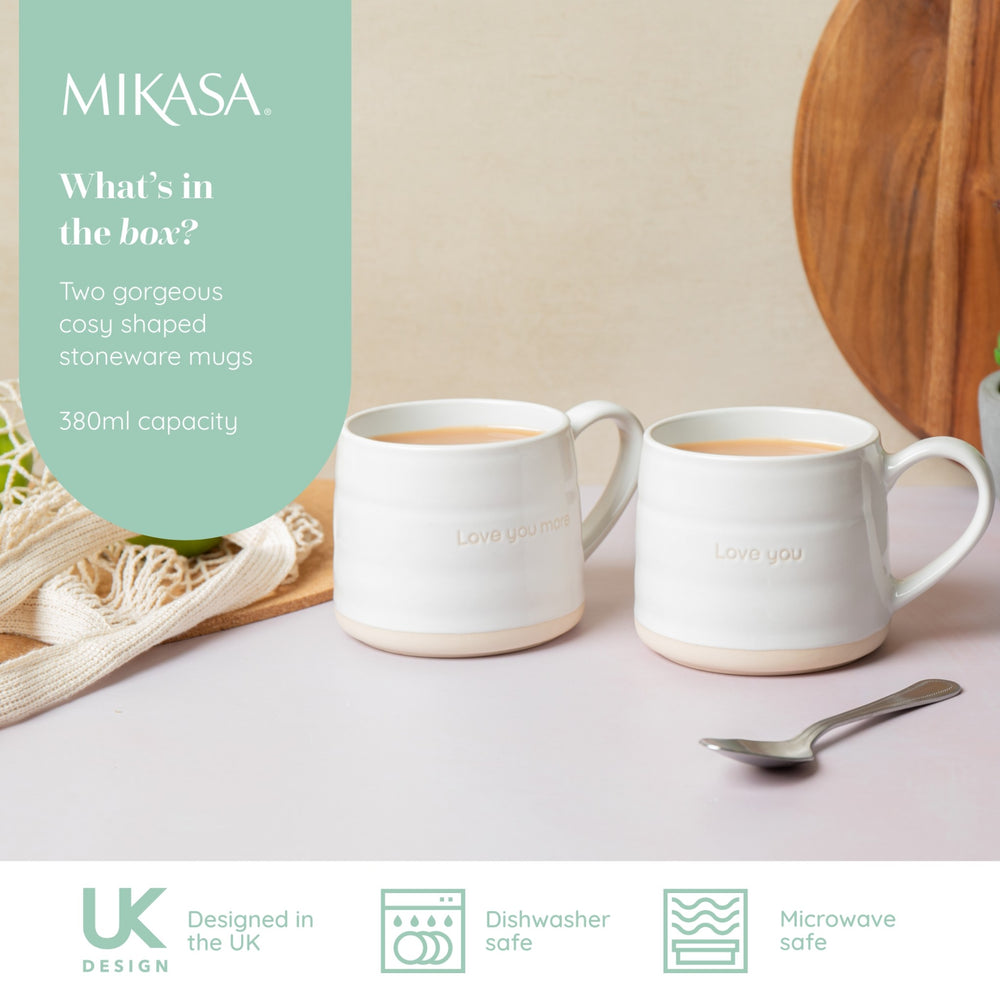 Mikasa Farmhouse Love Ceramic Mugs, Set of 2, 380ml, White