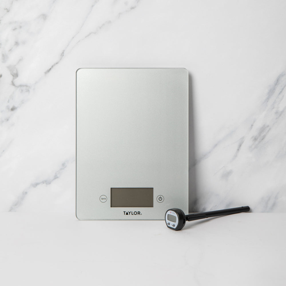 2pc Gift-Boxed Measuring Set with Silver Pro Glass Digital Kitchen Scale 5kg and Pro High-Temperature Thermometer