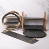 4pc Slate Serveware Set with Geometric Serving Stand, 2-Tier Slate & Wood Stand, Platter with Brass Handles and Turntable image 2