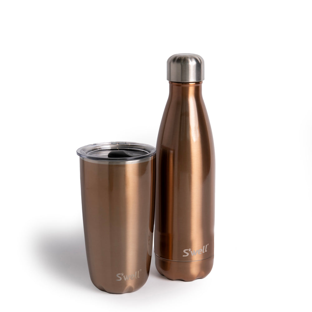 S'well 2pc Travel Cup and Bottle Set with Stainless Steel Water Bottle, 500ml and Drinks Tumbler, 530ml, Pyrite image 1