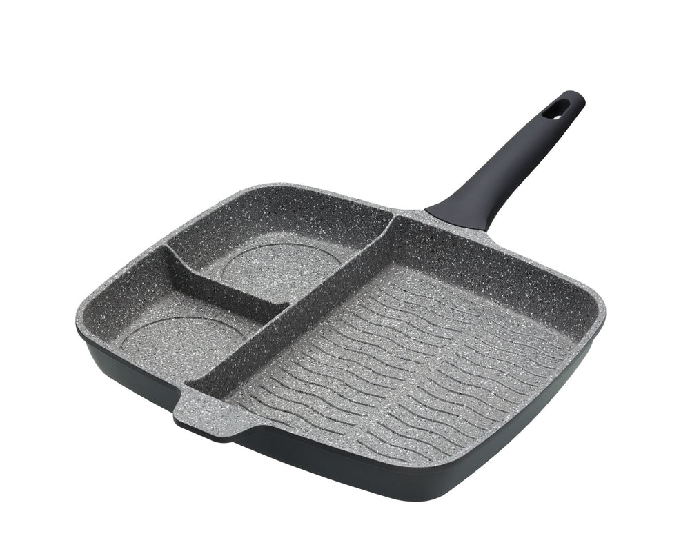 2pc Induction-Safe & Non-Stick Cast Aluminium Pan Set with Three-Section Grill Pan, 32cm and Wok, 28cm