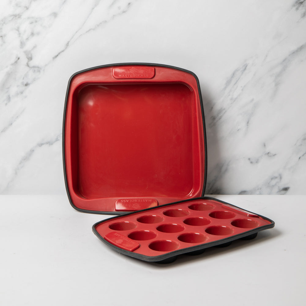 2pc Red Silicone Bakeware Set with Square Bake Pan and 12-Hole Baking Pan