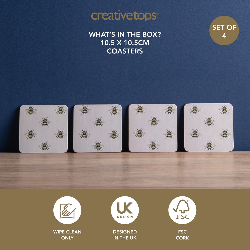 Creative Tops Country Bee Set Of 4 Square Coasters, Grey 10.5 x 10.5 x 2CM