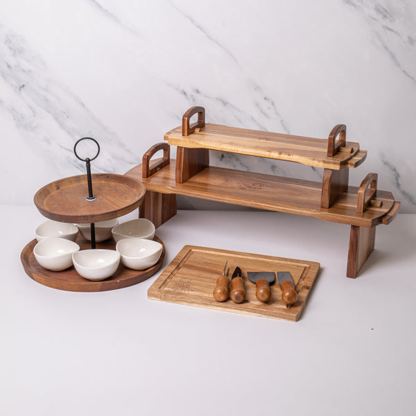 14pc Acacia Wood Serving Set with 2x Platform Serving Platters, Serving Stand with 6x Porcelain Bowls, Cheese Board & 4 Knives image 2