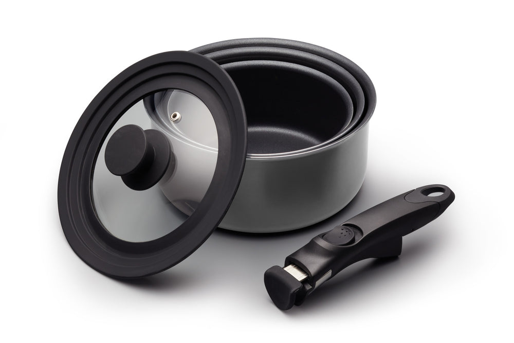 MasterClass Set of GIft-Boxed Smart Space Stacking Non-Stick Cake Baking Set 7 Piece, Smart Space Non-Stick Saucepan Set