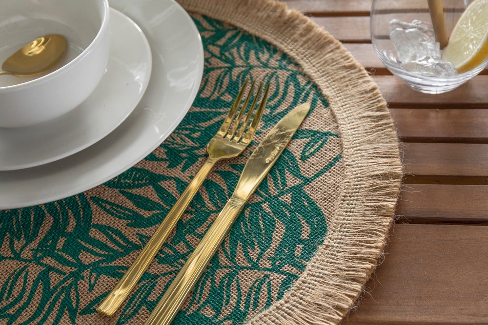 Creative Tops Round Hessian Placemats, Set of 4, Green Leaf Design, 43cm