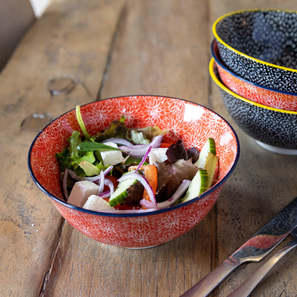 KitchenCraft Set of 4 Ceramic Cereal Bowls - 'Red and Black' Design