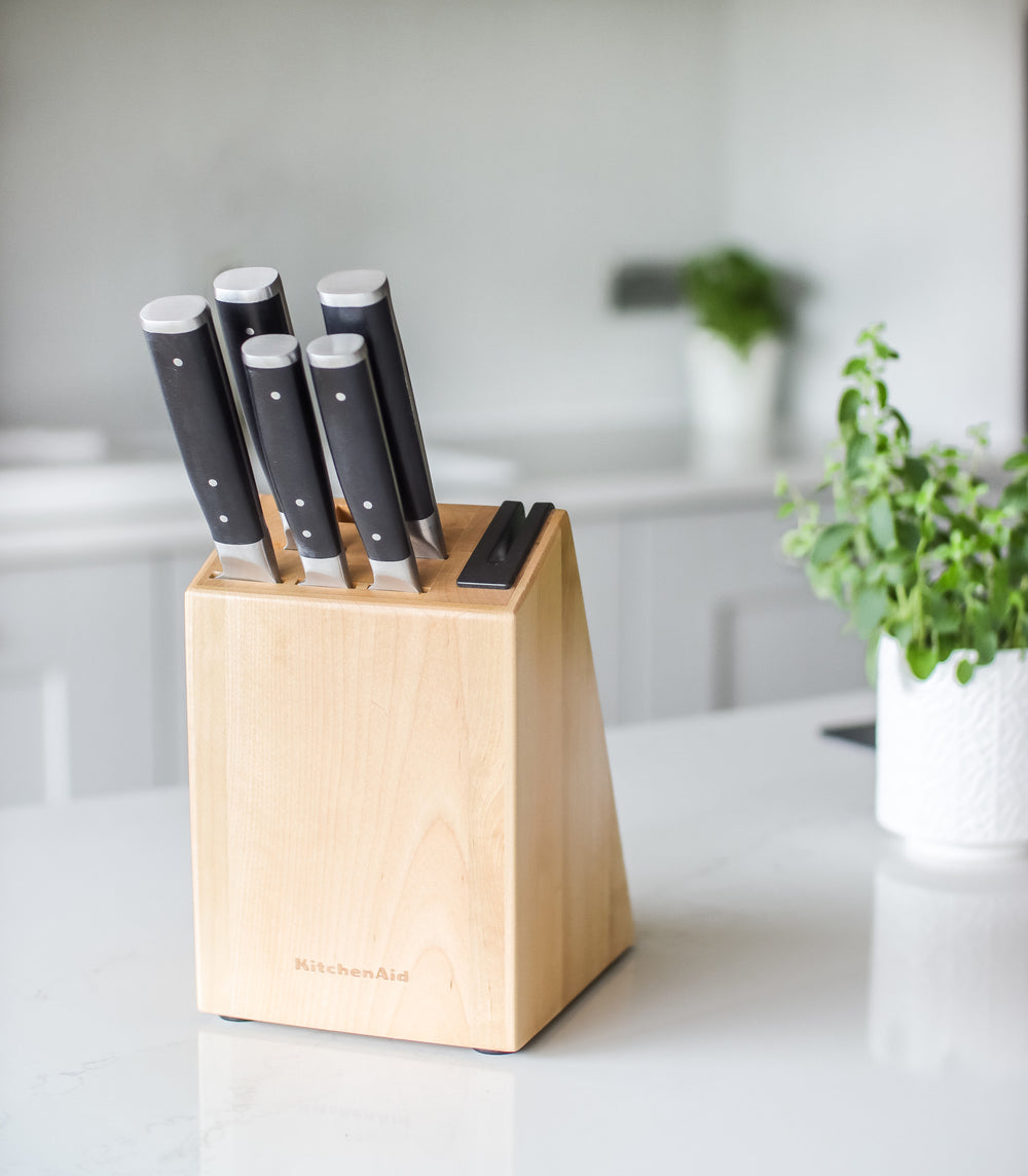KitchenAid Gourmet 5-Piece Kitchen Knife Set with Block, Sharp High-Carbon Japanese Steel Knives and Birchwood Holder