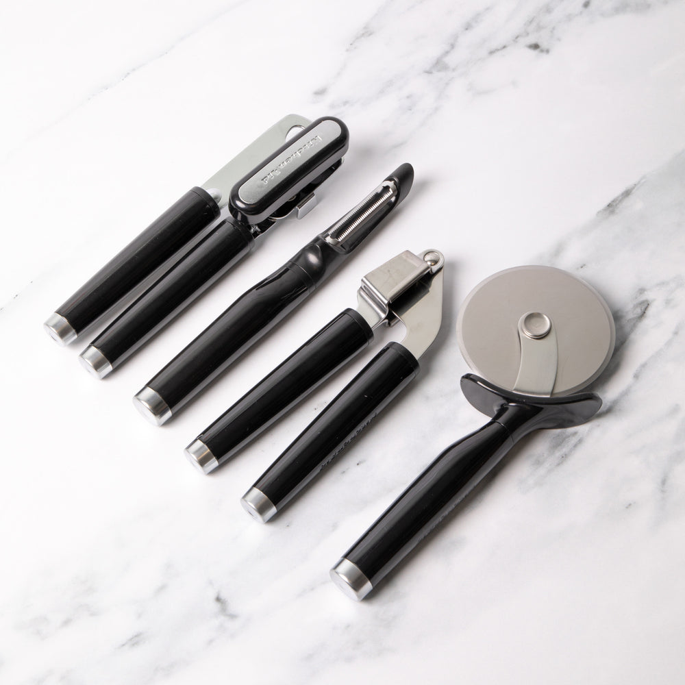 4pc Onyx Black Utensil Set with Multi-Function Can Opener, Pizza Wheel, Garlic Press and Euro Peeler