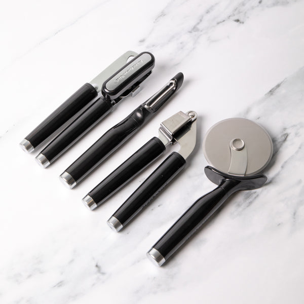 4pc Onyx Black Utensil Set with Multi-Function Can Opener, Pizza Wheel, Garlic Press and Euro Peeler image 2