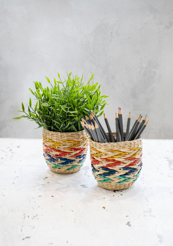 KitchenCraft Seagrass Plant Baskets, Set of 2, Rainbow Striped Design image 2