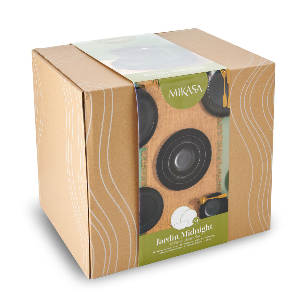 Mikasa Jardin Midnight 12-Piece Stoneware Dinner Set, Black