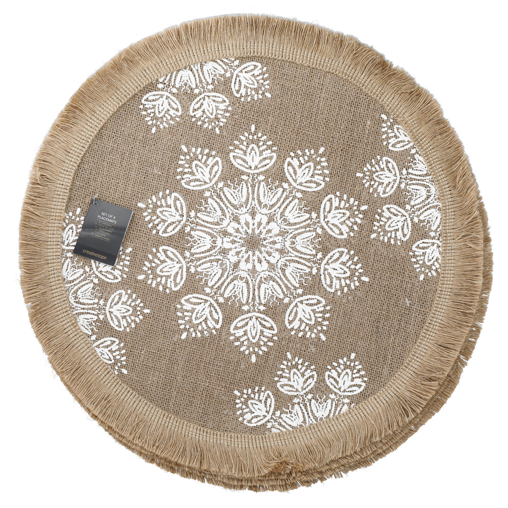 Creative Tops Round Hessian Placemats, Set of 4, White Mandala Design, 43cm