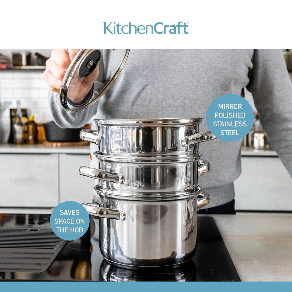 KitchenCraft Stainless Steel Three Tier Steamer, 18cm