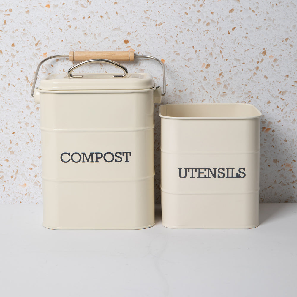 2pc Antique Cream Storage Set with Compost Bin and Utensil Pot