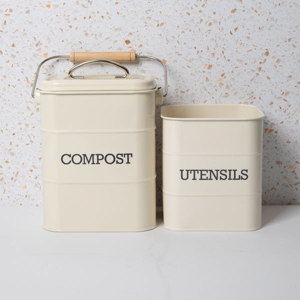 2pc Antique Cream Storage Set with Compost Bin and Utensil Pot image 2
