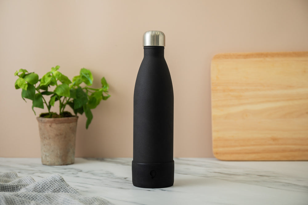 S'well 2pc Travel Bottle Set with Stainless Steel Water Bottle, 750ml, Onyx Black and FREE Black Medium Bumper