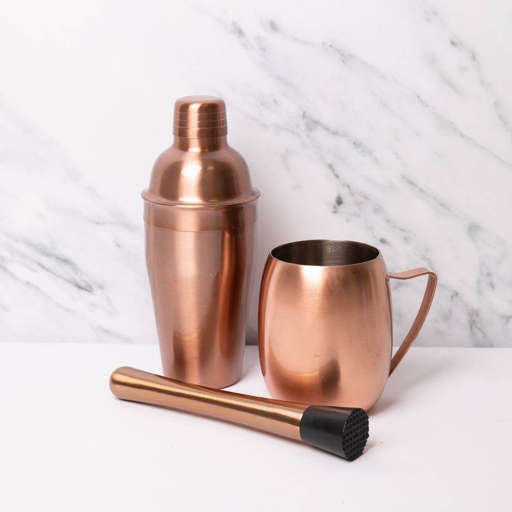3pc Cocktail-Making Set with Copper-Finish Cocktail Shaker, Muddler and Moscow Mule Mug