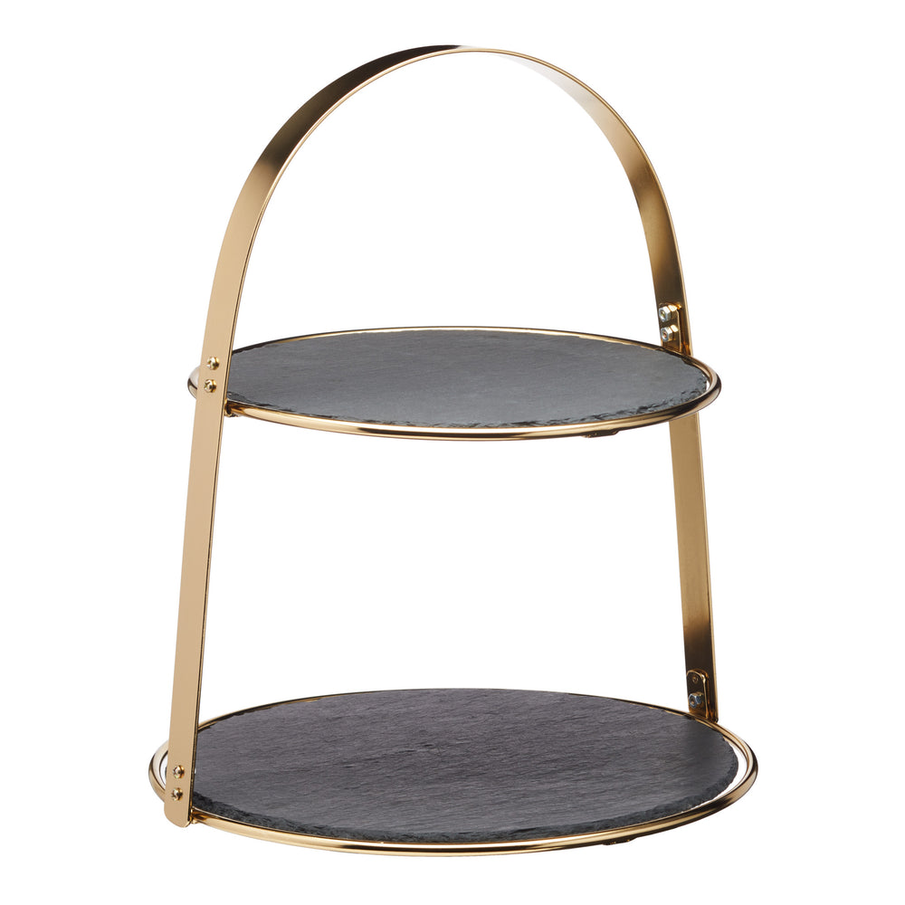 2pc Serveware Set with 2-Tier Slate & Wood Serving Stand and 2-Tier Brass Cake Stand with Round Slate Serving Platters