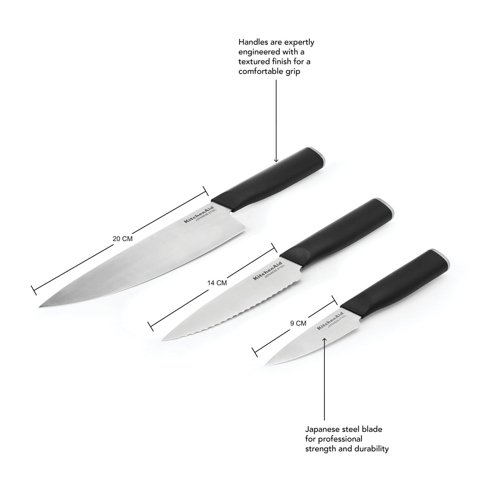 KitchenAid Classic 3-Piece Kitchen Knife Set, Sharp High-Carbon Japanese Steel