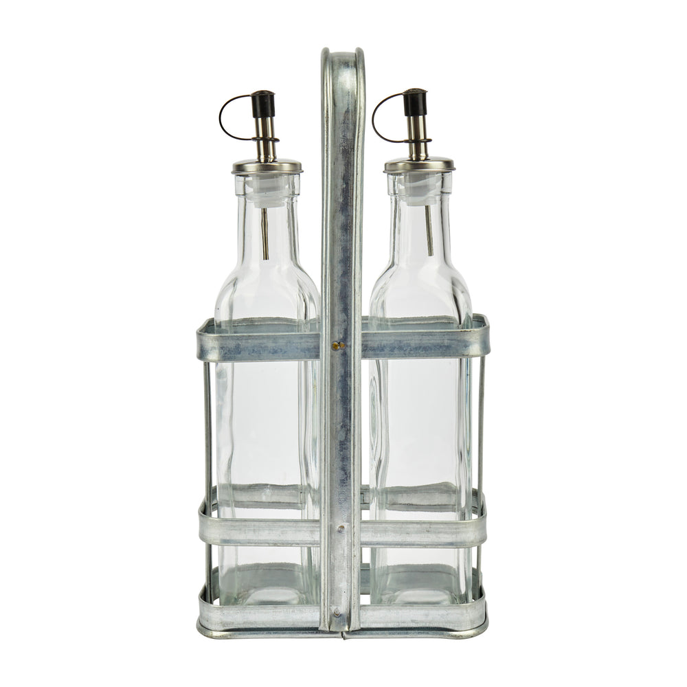 Industrial Kitchen Vintage-Style Glass Oil and Vinegar Cruet Set with Galvanised Steel Holder
