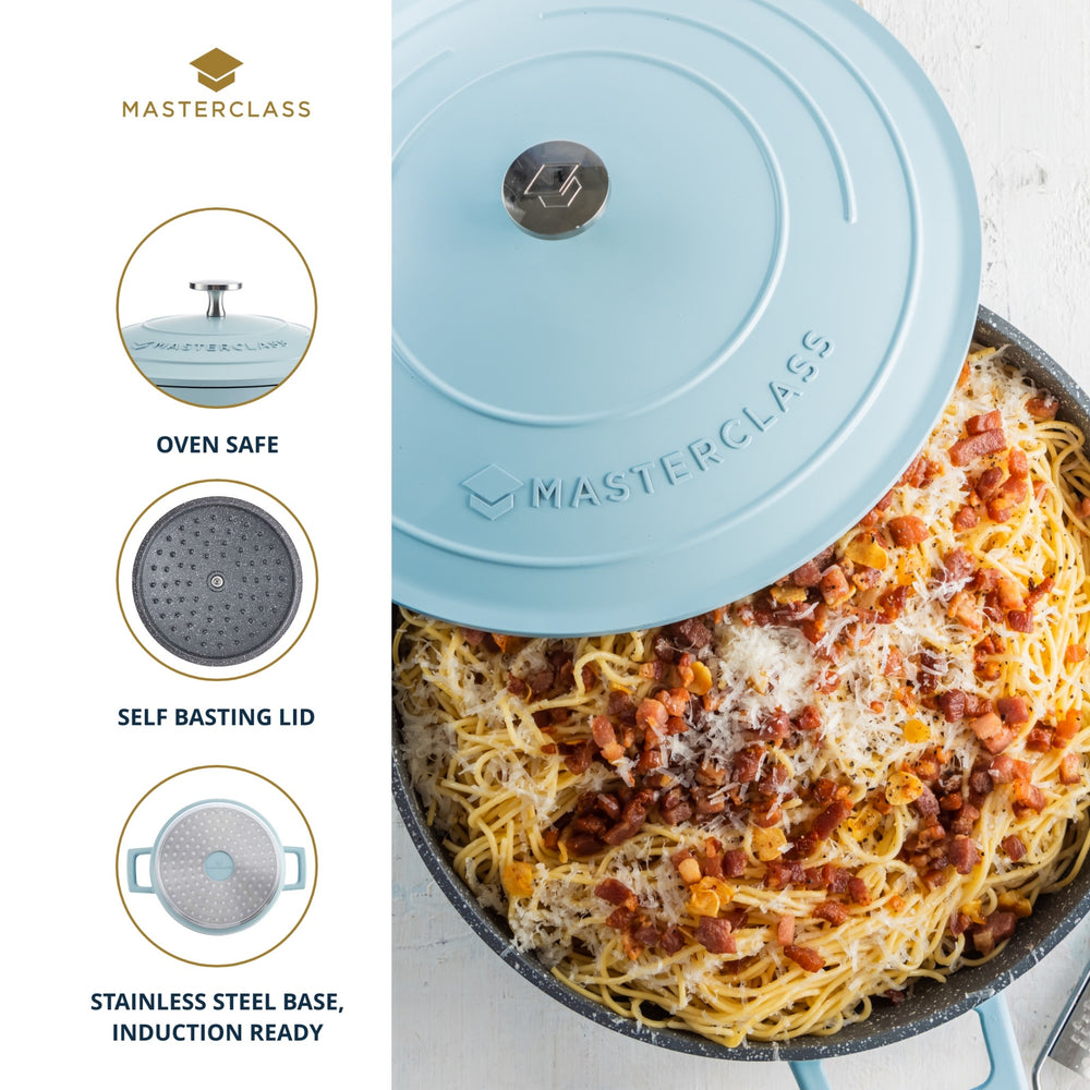 MasterClass Sky Blue Cast Aluminium Shallow Casserole Dish with Lid, 4 L