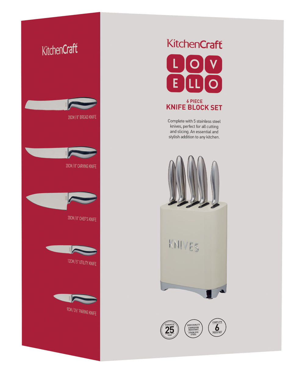 Lovello Retro 5-Piece Vanilla Cream Stainless Steel Knife Set and Knife Block