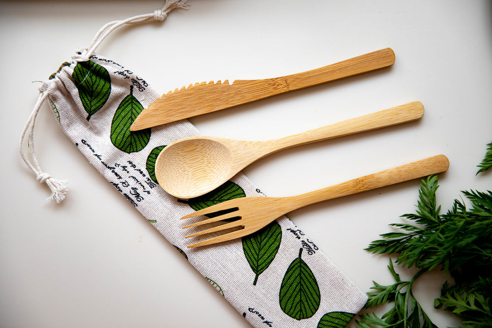 Natural Elements Reusable Bamboo Cutlery Set in Fabric Pouch