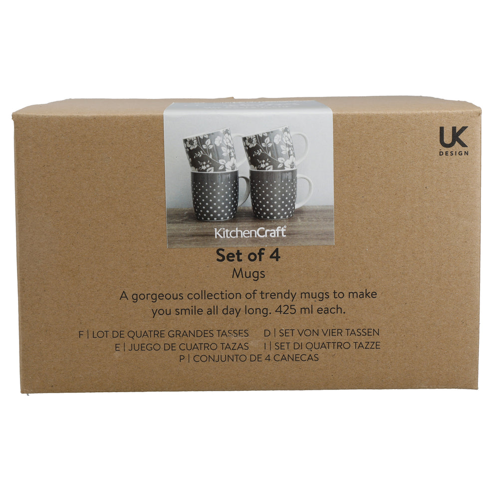 KitchenCraft Grey Floral / Polka Dot Mugs - Set of 4