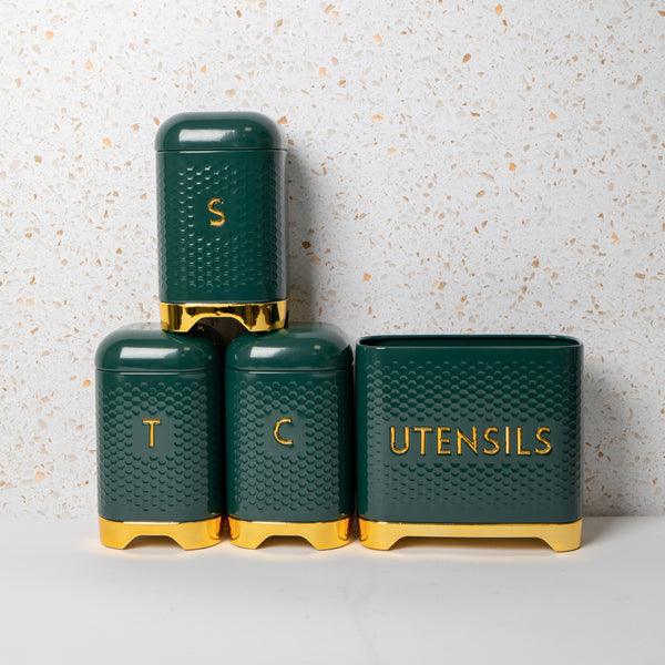 4pc Gift-Boxed Hunter Green Storage Set with Tea, Coffee & Sugar Canisters and Utensil Store - Lovello image 2