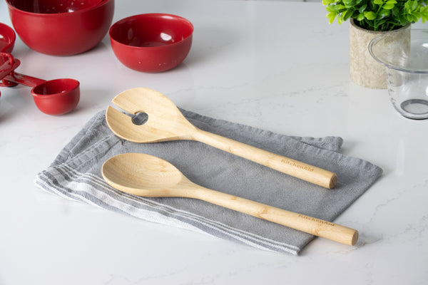 KitchenAid 30cm long Bamboo Salad Servers, Fork and Spoon image 5