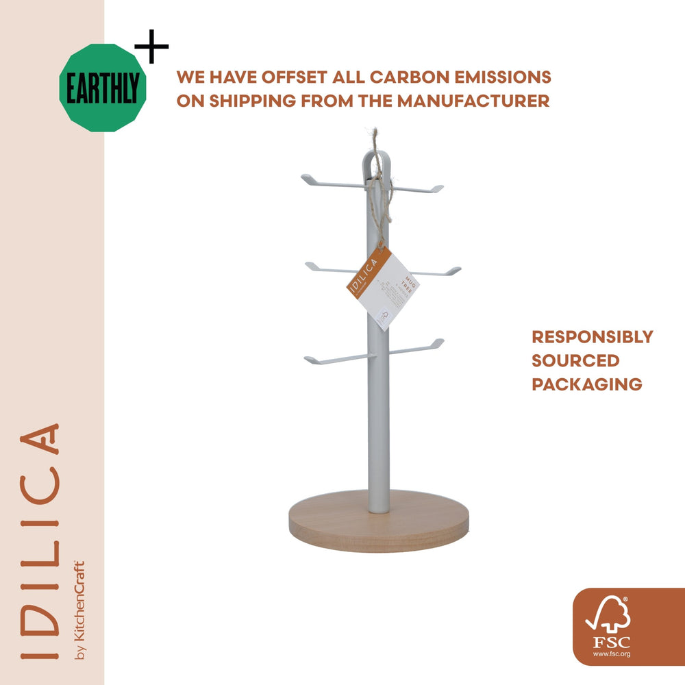 KitchenCraft Idilica Metal Mug Tree with Beechwood Base, 33cm