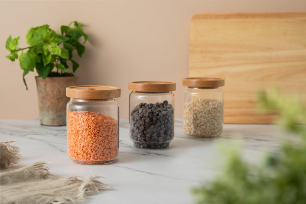 Idilica 3pc Glass Storage Jars Set with Beechwood Lid, 500ml image 2