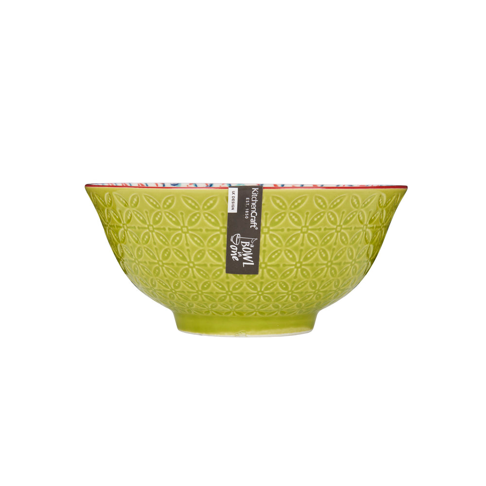 Set of 4 KitchenCraft Bright Green Geometric Print Ceramic Bowls